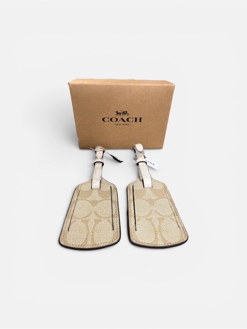 Coach Signature Canvas Luggage Tag Pair in Khaki/Saddle Monogram in Gift Box